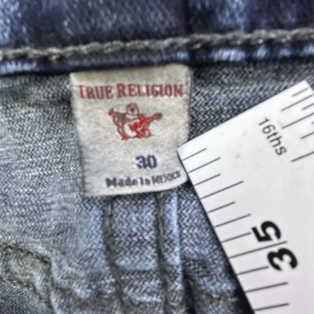 True Religion Jeans Mens 30x33 Blue Rocco Relaxed Skinny Whiskering Embroidered